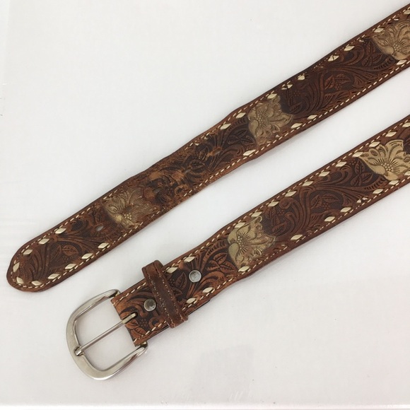 Vintage Made In The USA Brown Tooled Leather Belt Western Floral Distressed - Picture 3 of 10